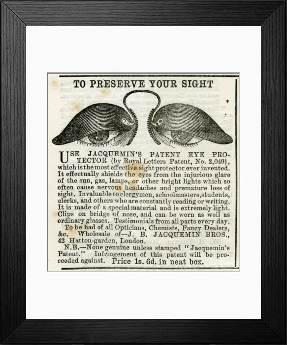 Framed Print : Advert for J. B Jacquemin Bros eye protectors Framed Print : Advert for J. B Jacquemin Bros eye protectors
