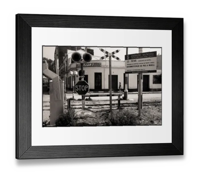 Framed Print : Tram lines street furniture signs, Valencia, Spain Framed Print : Tram lines street furniture signs, Valencia, Spain