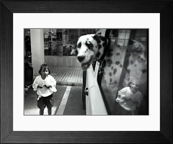 Framed Print : Small girl in street dalmation in car, Spain Framed Print : Small girl in street dalmation in car, Spain