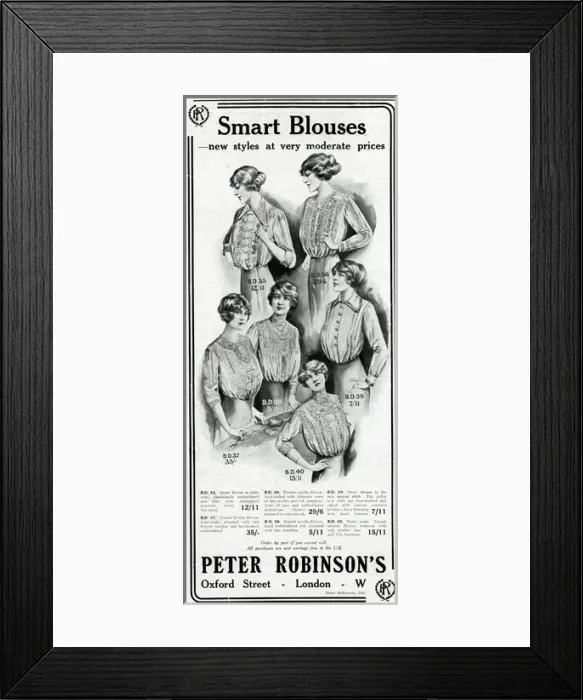 Framed Print : Advert for Peter Robinsons womens blouses 1913 Framed Print : Advert for Peter Robinsons womens blouses 1913