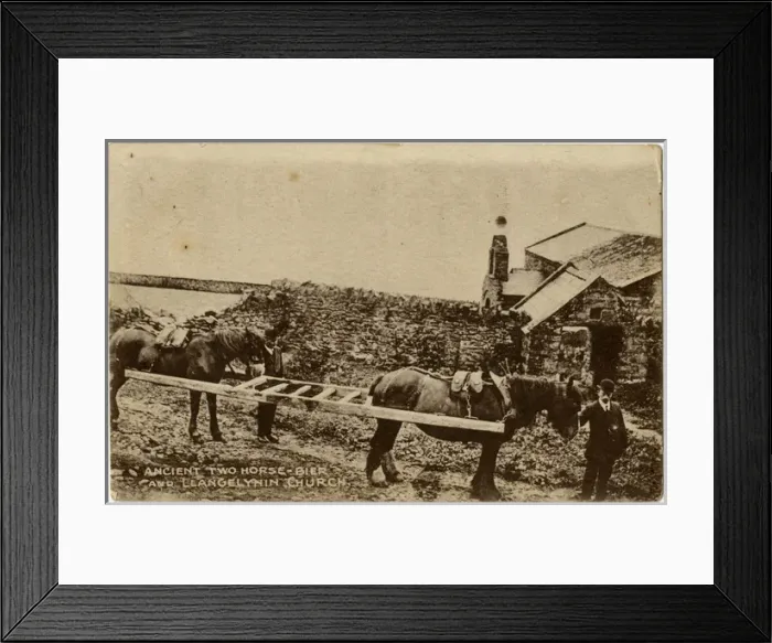 Framed Print : Ancient two horse-bier and Llangelynnin Church, Wales Framed Print : Ancient two horse-bier and Llangelynnin Church, Wales