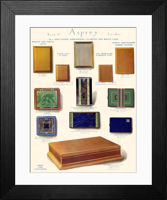 Framed Print : Asprey cigarette and match cases advertisement Framed Print : Asprey cigarette and match cases advertisement