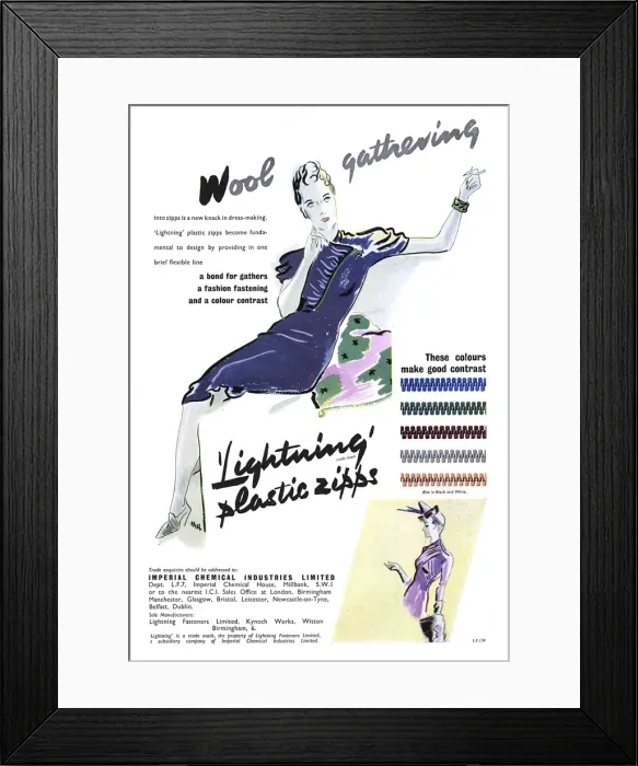 Framed Print : Advert for Lightning plastics zipps 1938 Framed Print : Advert for Lightning plastics zipps 1938