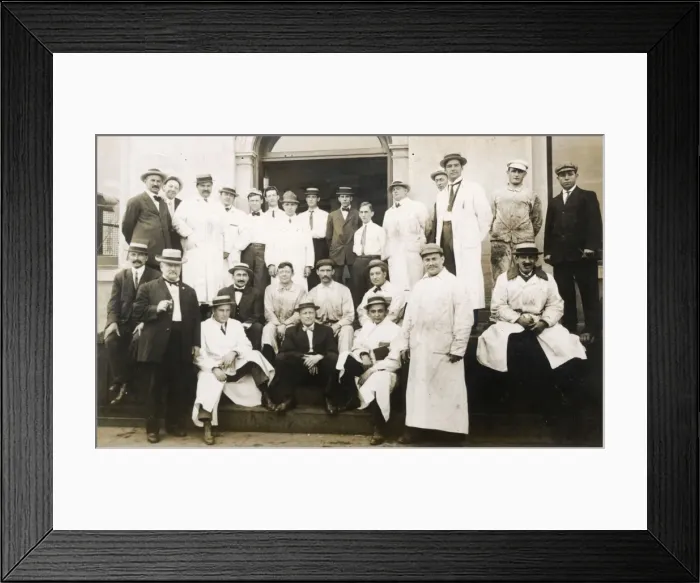 Framed Print : Butchers and others outside their work premises, USA Framed Print : Butchers and others outside their work premises, USA