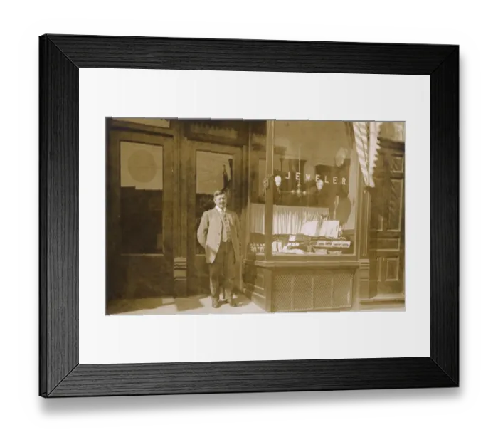 Framed Print : Owner standing outside jewellers shop, USA Framed Print : Owner standing outside jewellers shop, USA