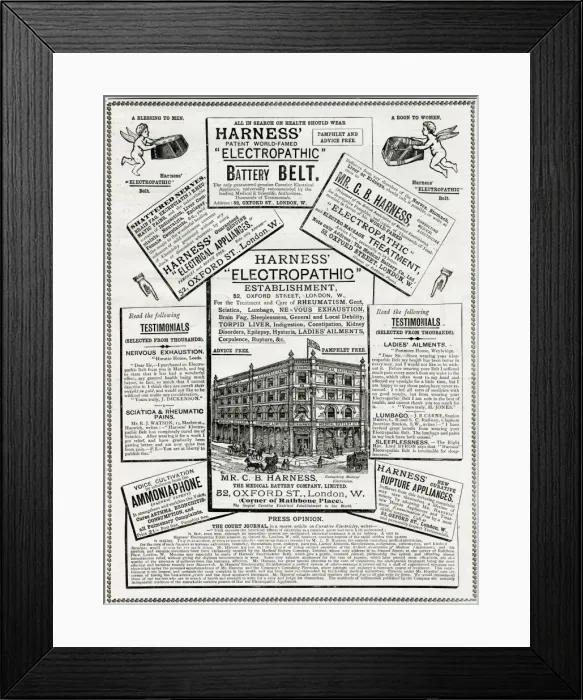 Framed Print : Advert for Harness Electropathic corset belts 1888 Framed Print : Advert for Harness Electropathic corset belts 1888