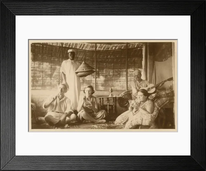 Framed Print : Colonial tea party with guitarist and servant Framed Print : Colonial tea party with guitarist and servant