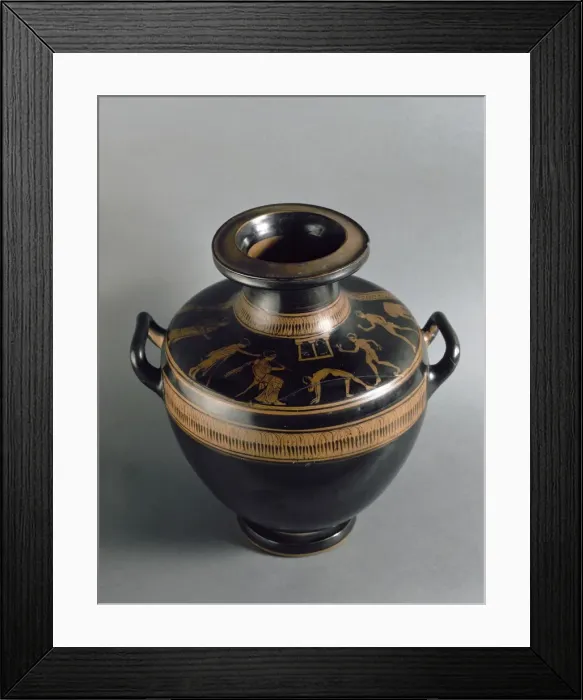 Framed Print : Greek Hydria depicting an auletris, two dancers playing