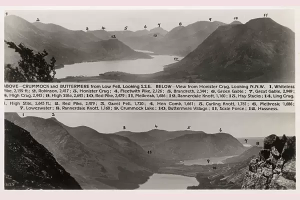 Annotated postcard showing Lake District Peaks
