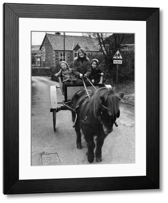 Framed Print : Mother taking children to school in pony and trap, Cornwall Framed Print : Mother taking children to school in pony and trap, Cornwall