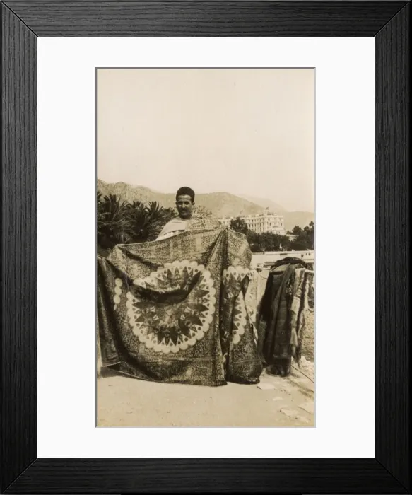 Framed Print : Carpet vendor near Bristol Hotel, Beaulieu, France Framed Print : Carpet vendor near Bristol Hotel, Beaulieu, France