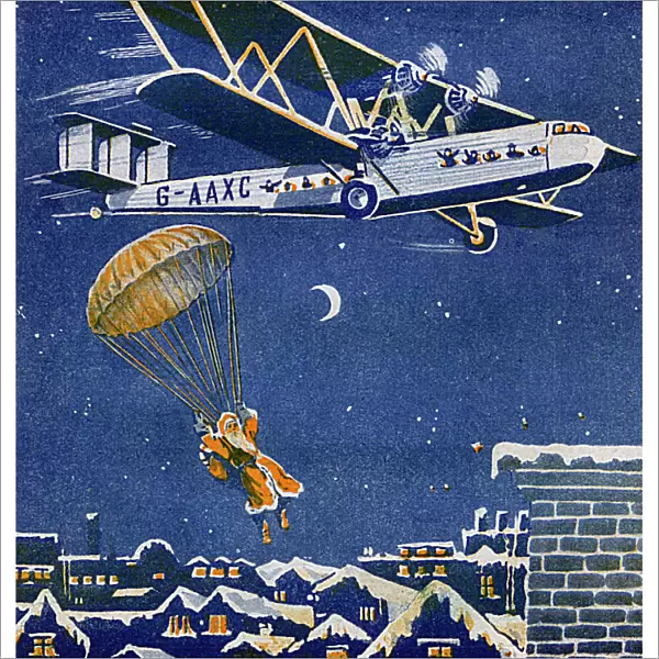 Father Christmas parachuting out of a plane