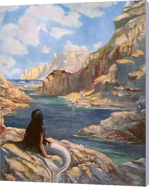 Intruders! By Godfrey Wilson, mermaid watching bathers