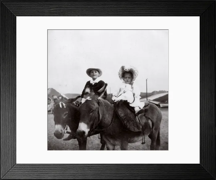 Framed Print : Boy and girl on donkeys, Saltburn, North Yorkshire Framed Print : Boy and girl on donkeys, Saltburn, North Yorkshire
