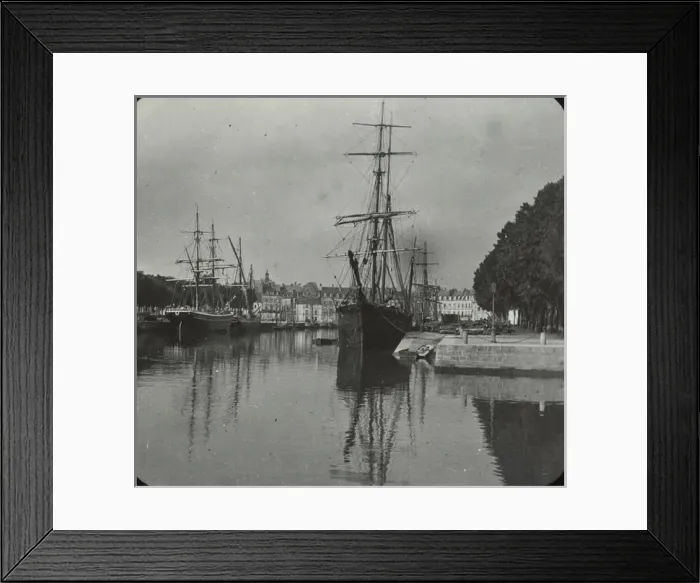 Framed Print : Vannes - black and white view of river with quays and shipping town in background Date Framed Print : Vannes - black and white view of river with quays and shipping town in background Date