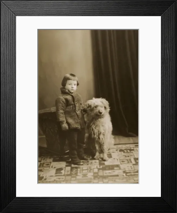 Framed Print : Little boy in his winter woollies and the family pet dog Framed Print : Little boy in his winter woollies and the family pet dog