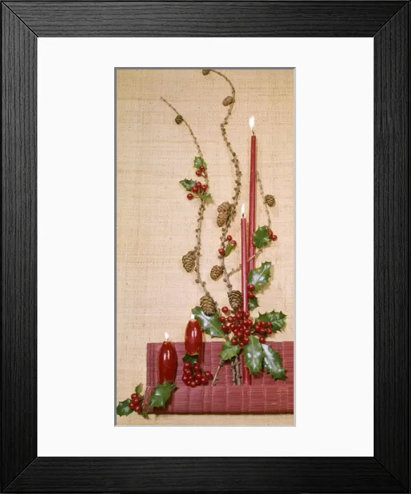 Framed Print : Christmas arrangement of candles, holly and pine cones Framed Print : Christmas arrangement of candles, holly and pine cones