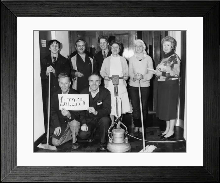 Framed Print : Group of cleaners who won the football pools Framed Print : Group of cleaners who won the football pools