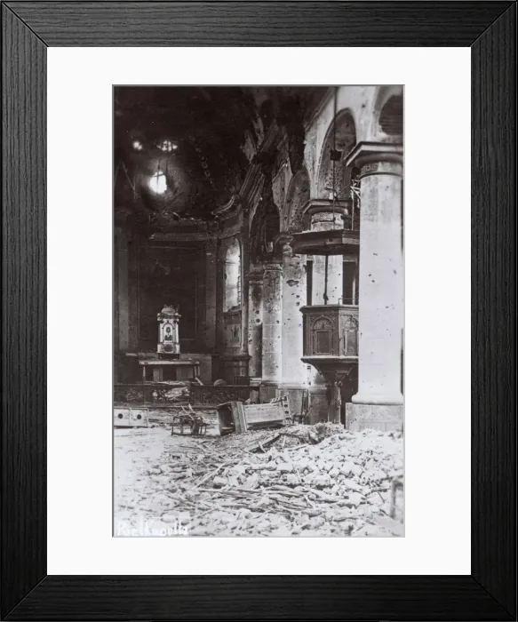 Framed Print : Bomb damage inside a church, Poelkapelle, Belgium, WW1 Framed Print : Bomb damage inside a church, Poelkapelle, Belgium, WW1