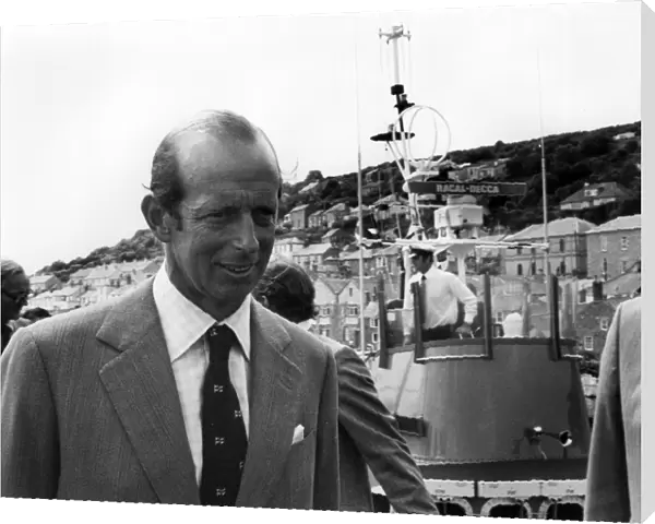 Duke of Kent on a lifeboat at Newlyn harbour, Cornwall
