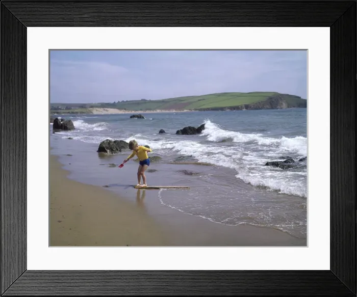 Framed Print : Boy on the beach at Bigbury Bay, Devon Framed Print : Boy on the beach at Bigbury Bay, Devon