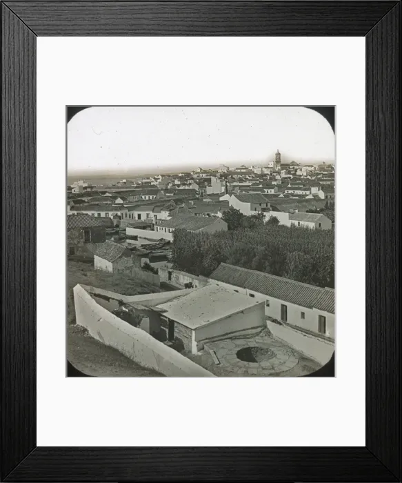 Framed Print : Alqesivas - Black and white view over low houses, spire right background Date: circa 1890s Framed Print : Alqesivas - Black and white view over low houses, spire right background Date: circa 1890s