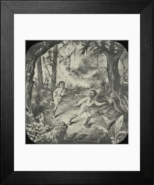 Framed Print : Two African-American boys run through a wood Framed Print : Two African-American boys run through a wood