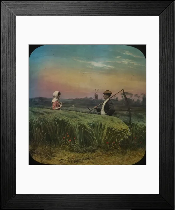 Framed Print : Young man carrying a scythe meets his girl amid the corn Framed Print : Young man carrying a scythe meets his girl amid the corn