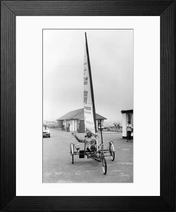 Framed Print : Sail tricycle arriving at Lands End, Cornwall Framed Print : Sail tricycle arriving at Lands End, Cornwall