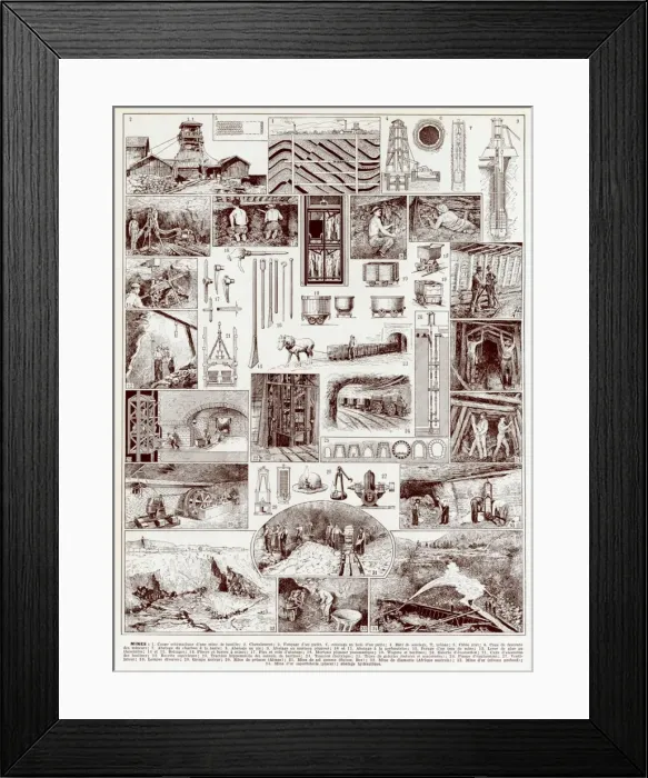 Framed Print : Mines. Page showing the various stages of work involved in mining. Date: 1930 Framed Print : Mines. Page showing the various stages of work involved in mining. Date: 1930