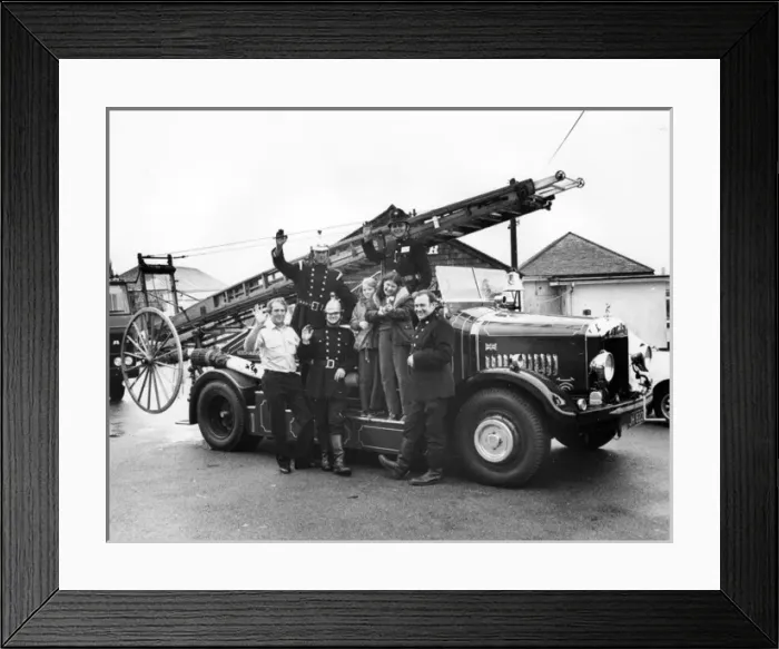 Framed Print : Firemen and children with 1927 Dennis fire engine Framed Print : Firemen and children with 1927 Dennis fire engine