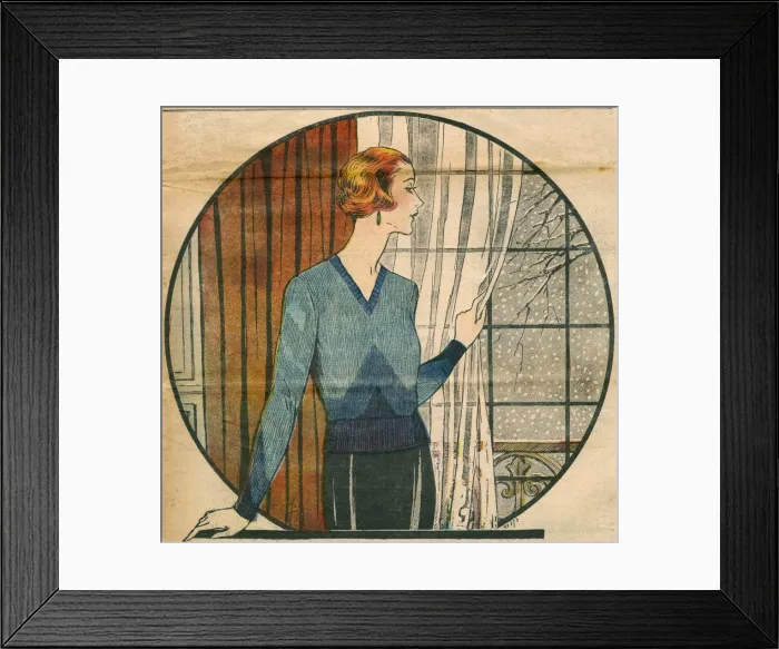 Framed Print : Elegant 1930s woman looking at snow from a window Framed Print : Elegant 1930s woman looking at snow from a window