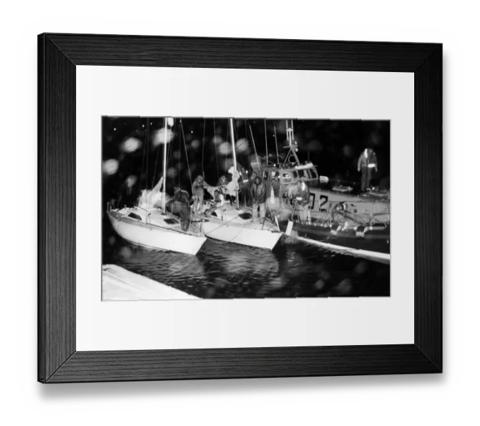 Framed Print : Penlee lifeboat towing stricken yachts to Newlyn, Cornwall Framed Print : Penlee lifeboat towing stricken yachts to Newlyn, Cornwall