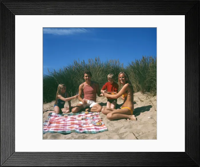 Framed Print : Family of four with picnic on beach Framed Print : Family of four with picnic on beach