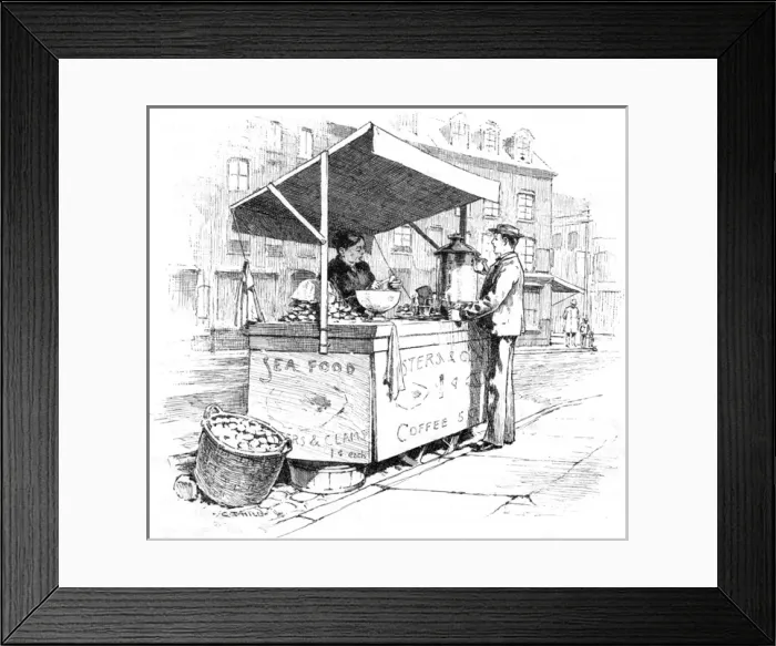 Framed Print : Selling coffee and clams in New York, 1890 Framed Print : Selling coffee and clams in New York, 1890
