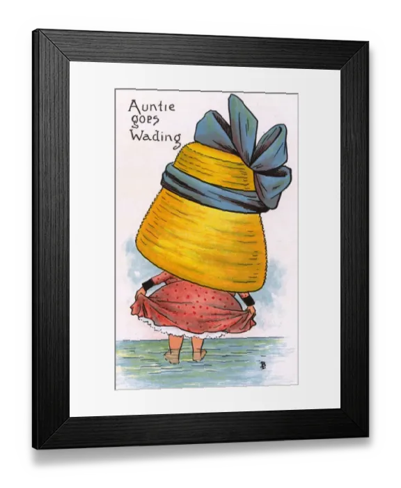 Framed Print : Comic Postcard - Hat theme - Auntie Goes Wading Framed Print : Comic Postcard - Hat theme - Auntie Goes Wading