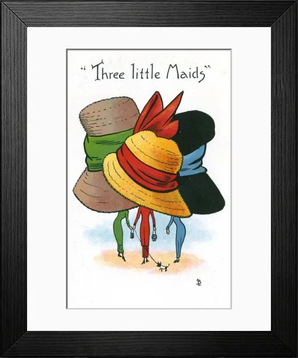 Framed Print : Comic Postcard - Hat theme - Three Little Maids Framed Print : Comic Postcard - Hat theme - Three Little Maids