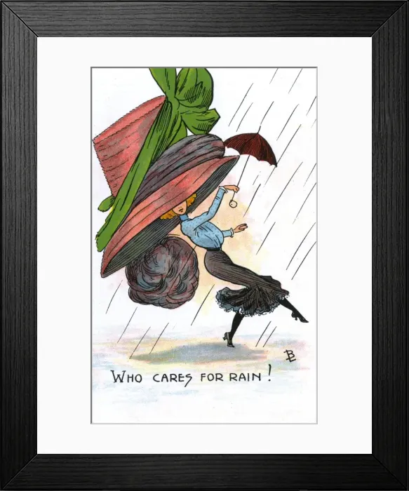 Framed Print : Comic Postcard - Hat theme - Who Cares for Rain Framed Print : Comic Postcard - Hat theme - Who Cares for Rain