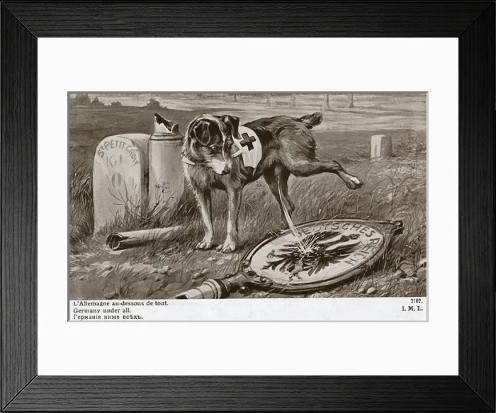 Framed Print : WW1 - A Red Cross dog relieves himself on a German Standard Framed Print : WW1 - A Red Cross dog relieves himself on a German Standard