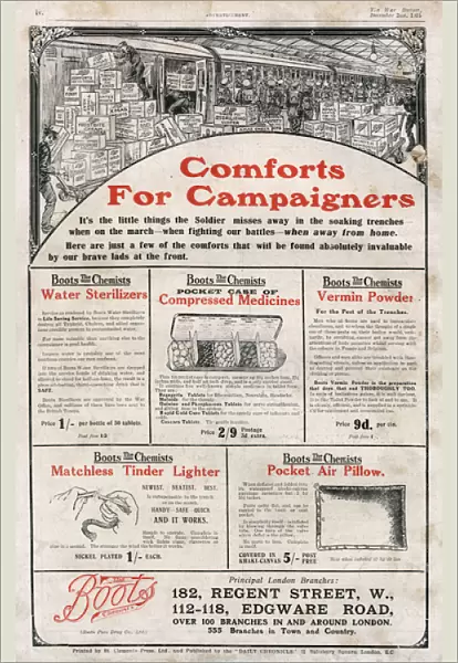 Boots - Comforts for Campaginers advertisement, WWI
