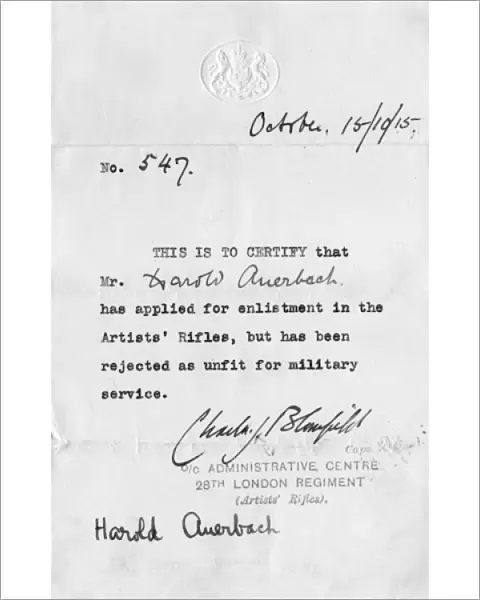 Letter of confirmation, unfit for military service, WW1