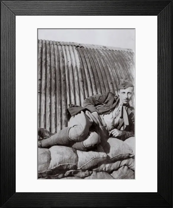 Framed Print : RFC crewman relaxing, Northern France, WW1 Framed Print : RFC crewman relaxing, Northern France, WW1