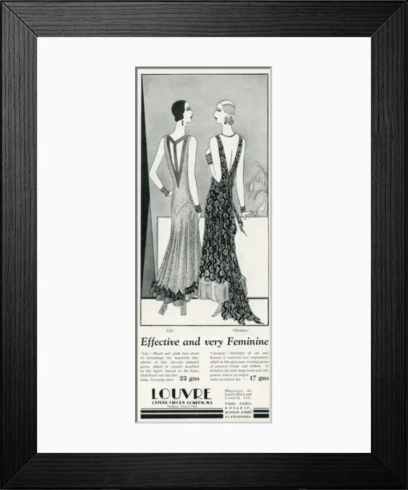 Framed Print : Advert for Louvre evening dresses 1929 Framed Print : Advert for Louvre evening dresses 1929