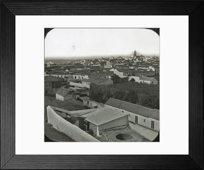 Framed Print : Alqesivas - Black and white view over town, church tower right background Date Framed Print : Alqesivas - Black and white view over town, church tower right background Date