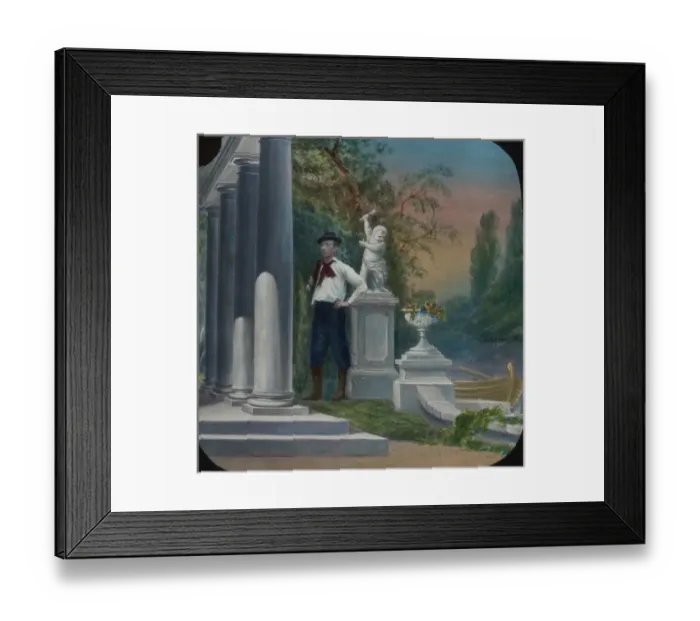 Framed Print : Young man standing by an ornate Italian-style Grotto Framed Print : Young man standing by an ornate Italian-style Grotto