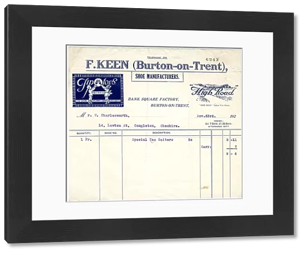 F Keen (Burton-on-Trent) Shoe Manufacturers stationery