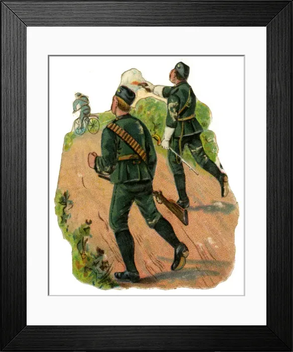 Framed Print : Victorian Scrap - soldiers pursuing a cyclist Framed Print : Victorian Scrap - soldiers pursuing a cyclist