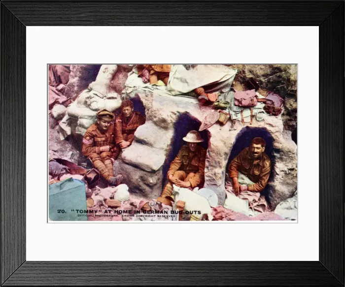 Framed Print : British soldiers in German dugouts, WW1 Framed Print : British soldiers in German dugouts, WW1