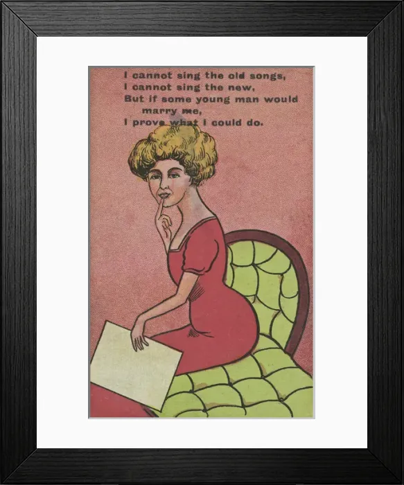 Framed Print : Young woman on a comic postcard Framed Print : Young woman on a comic postcard