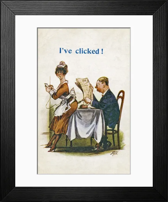 Framed Print : Waitress and customer on comic postcard Framed Print : Waitress and customer on comic postcard